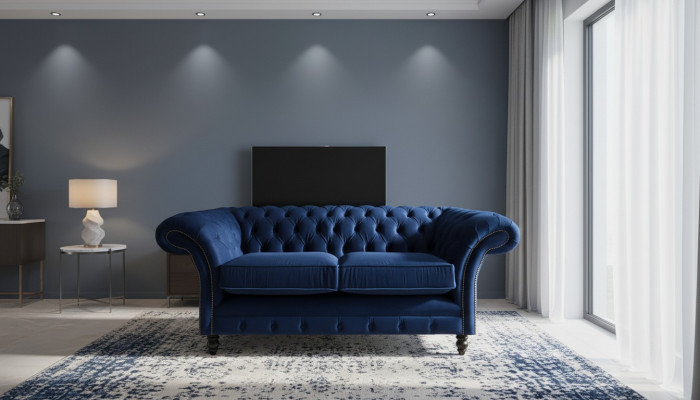 Divano da soggiorno a due posti arredamento blu Chesterfield nuovo