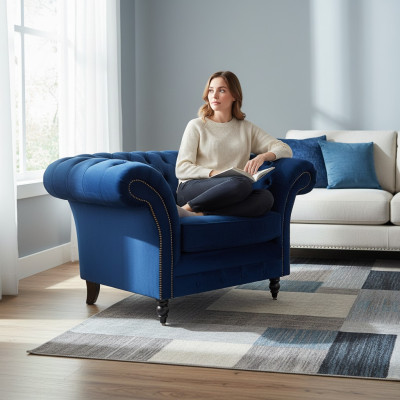 Blu poltrona Chesterfield design di lusso rivestimento in stoffa nuovo arredamento soggiorno