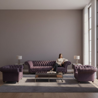 Design Chesterfield di lusso, divano imbottito e set di sedili in tessuto di tappezzeria.