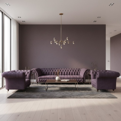 Design Chesterfield di lusso, divano imbottito e set di sedili in tessuto di tappezzeria.