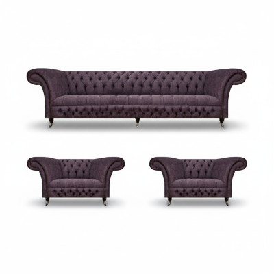 Design Chesterfield di lusso, divano imbottito e set di sedili in tessuto di tappezzeria.