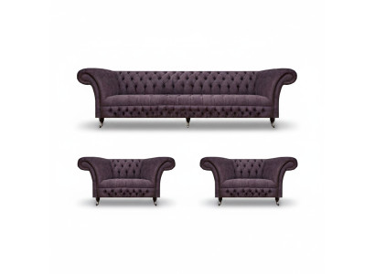 Design Chesterfield di lusso, divano imbottito e set di sedili in tessuto di tappezzeria.