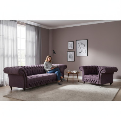 Garnitura set 2 pezzi design divano a tre posti poltrona di lusso Chesterfield salotto