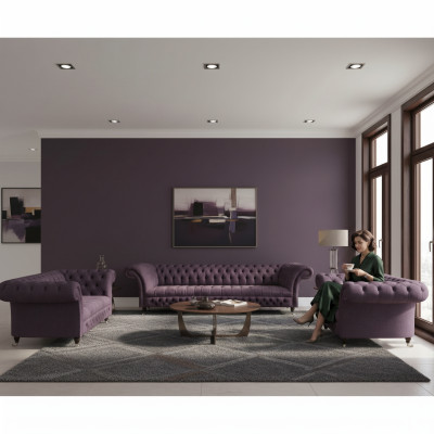 Lussuoso set di divani viola per soggiorno in stile Chesterfield composto da 3 pezzi in tessuto imbottito.