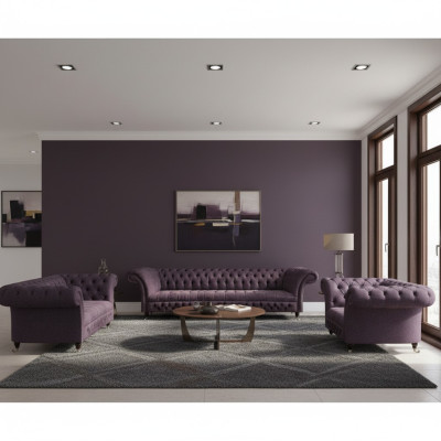 Lussuoso set di divani viola per soggiorno in stile Chesterfield composto da 3 pezzi in tessuto imbottito.