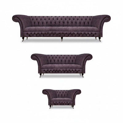 Lussuoso set di divani viola per soggiorno in stile Chesterfield composto da 3 pezzi in tessuto imbottito.