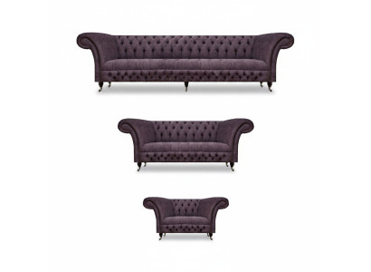 Lussuoso set di divani viola per soggiorno in stile Chesterfield composto da 3 pezzi in tessuto imbottito.