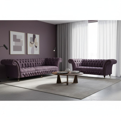 Salotto lussuoso divano viola a tre posti, poltrona di design, set di divani Chesterfield.