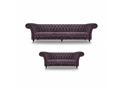 Salotto lussuoso divano viola a tre posti, poltrona di design, set di divani Chesterfield.