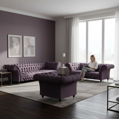 Set di divani di design di lusso 3 pezzi Chesterfield viola per soggiorno.