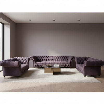 Set di divani di design di lusso 3 pezzi Chesterfield viola per soggiorno.