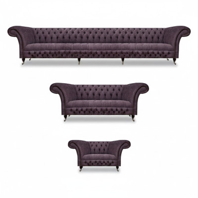 Set di divani di design di lusso 3 pezzi Chesterfield viola per soggiorno.