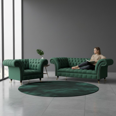 Soggiorno di lusso completo in verde, divano a tre posti, poltrona Chesterfield, nuovo set.
