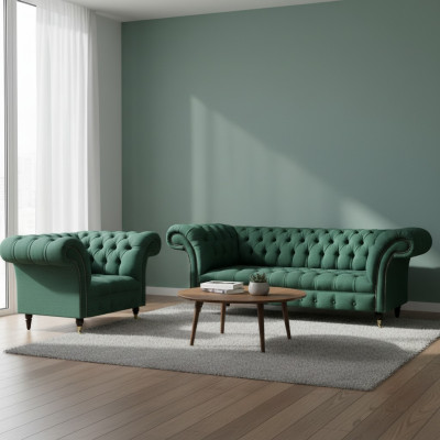 Soggiorno di lusso completo in verde, divano a tre posti, poltrona Chesterfield, nuovo set.