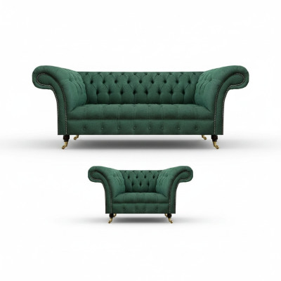 Soggiorno di lusso completo in verde, divano a tre posti, poltrona Chesterfield, nuovo set.
