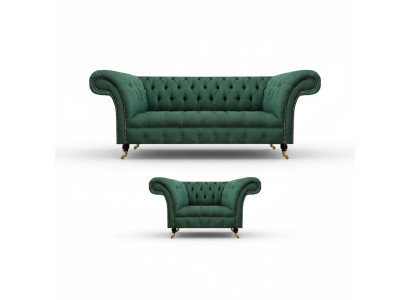 Soggiorno di lusso completo in verde, divano a tre posti, poltrona Chesterfield, nuovo set.
