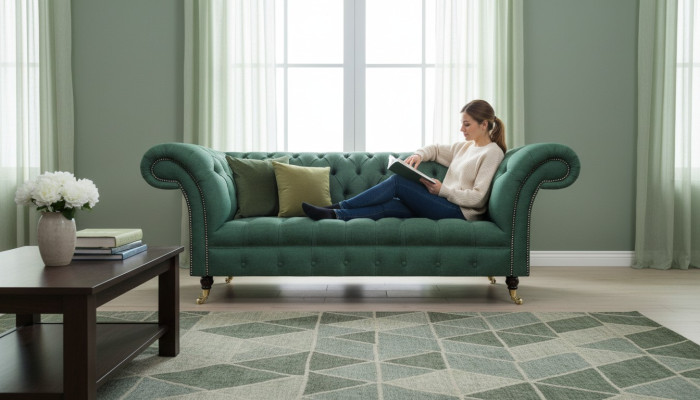 Divano Chesterfield a tre posti di lusso verde nuovo per il soggiorno.