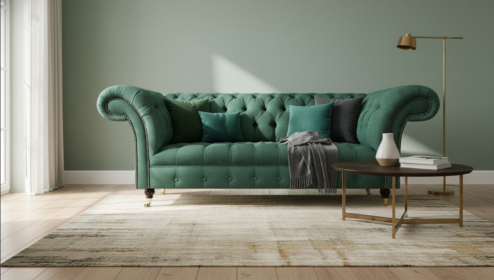 Divano Chesterfield a tre posti di lusso verde nuovo per il soggiorno.