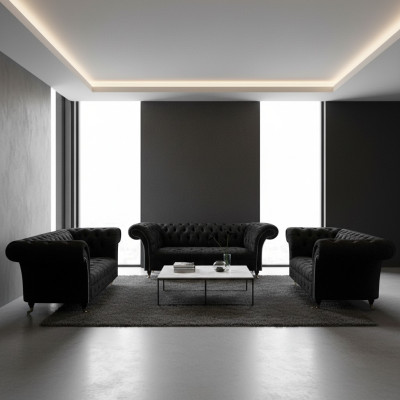 Set di divani Chesterfield neri di lusso completi con poltrone per il soggiorno, nuovi.
