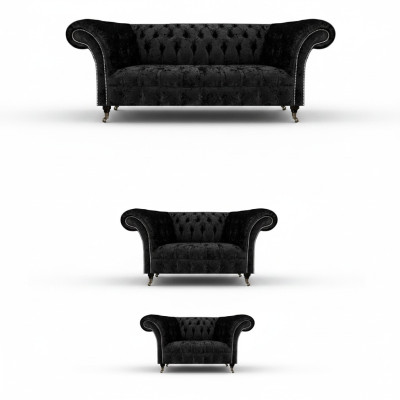 Set di divani Chesterfield neri di lusso completi con poltrone per il soggiorno, nuovi.