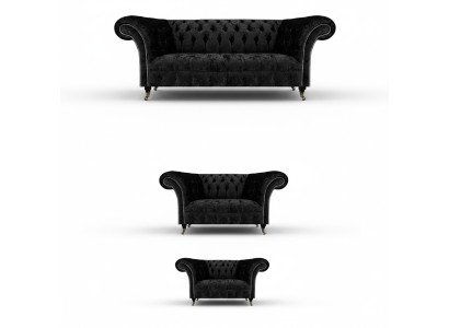 Set di divani Chesterfield neri di lusso completi con poltrone per il soggiorno, nuovi.