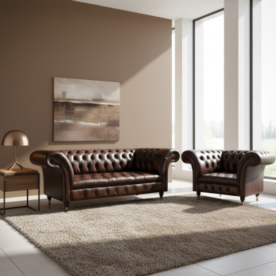 Set soggiorno 2 pezzi divano tre posti poltrona Chesterfield nuova arredamento imbottito.