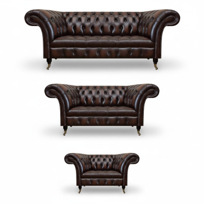 Divano salotto imbottito Chesterfield, sofà pelle set di lusso.