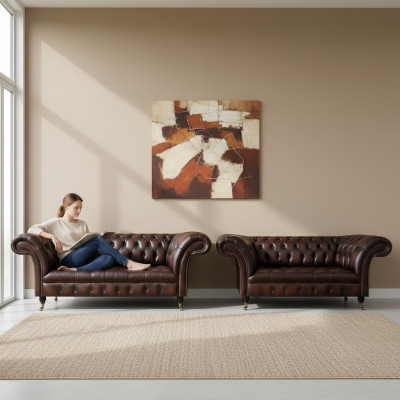 Set di divani Chesterfield marrone, divano a tre posti, divano a due posti, nuovo per il soggiorno.
