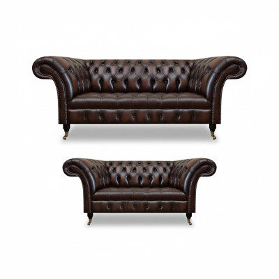 Set di divani Chesterfield marrone, divano a tre posti, divano a due posti, nuovo per il soggiorno.