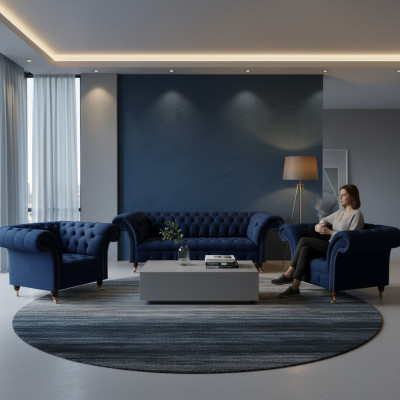 Set soggiorno 3 pezzi Chesterfield Blu Lusso Divano a tre posti 2x poltrona Nuovo