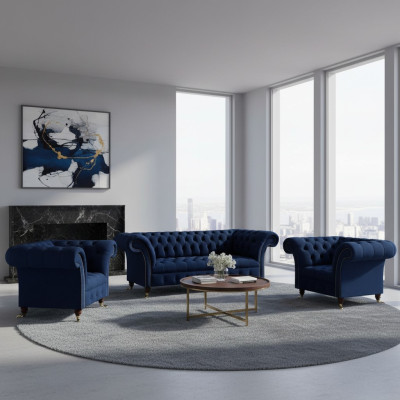 Set soggiorno 3 pezzi Chesterfield Blu Lusso Divano a tre posti 2x poltrona Nuovo