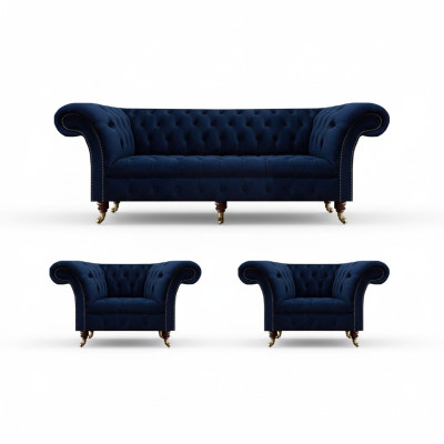 Set soggiorno 3 pezzi Chesterfield Blu Lusso Divano a tre posti 2x poltrona Nuovo