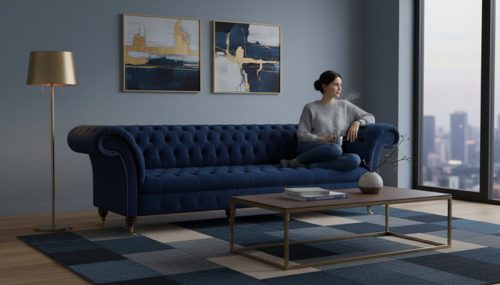 Divano Chesterfield a 4 posti per il soggiorno, design e arredamento imbottiti.