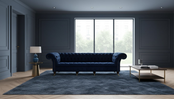Divano Chesterfield a 4 posti per il soggiorno, design e arredamento imbottiti.