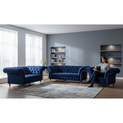Soggiorno lussuoso completo 3 pezzi divani Chesterfield in tessuto poltrona