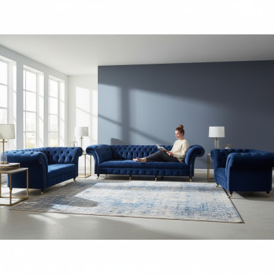 Set soggiorno 3 pezzi Chesterfield blu tessuto lusso design divani arredamento