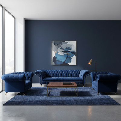 Set soggiorno 3 pezzi Chesterfield blu tessuto lusso design divani arredamento