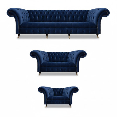 Set soggiorno 3 pezzi Chesterfield blu tessuto lusso design divani arredamento