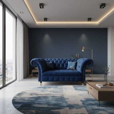 Divano a due posti Chesterfield in tessuto blu design nuovo