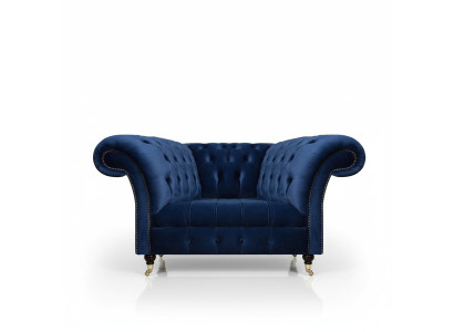 Lussuosa poltrona blu, seduta imbottita, arredamento imbottito, design Chesterfield, nuovo soggiorno.