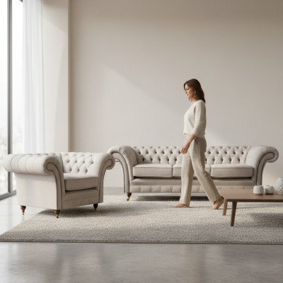 Grigio set di lusso divano a tre posti Chesterfield poltrona salotto.