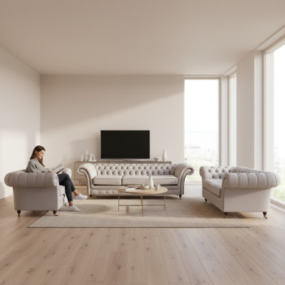 Divani soggiorno completo poltrone lusso seduta grigio Chesterfield mobili imbottiti.