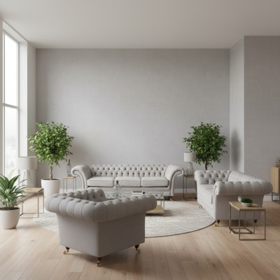 Divani soggiorno completo poltrone lusso seduta grigio Chesterfield mobili imbottiti.