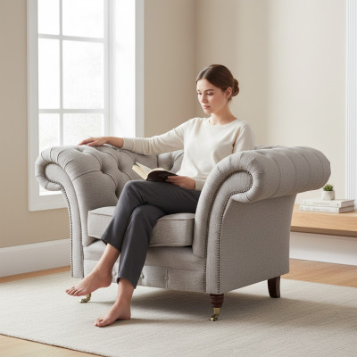 Soggiorno Poltrona di lusso Mobili imbottiti Nuovo Grigio Sedile Tessuto Chesterfield