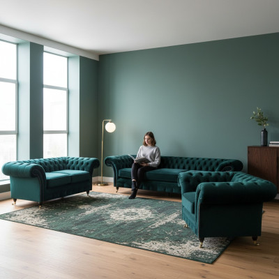 Soggiorno di lusso completo con divani Chesterfield imbottiti 3+2+1