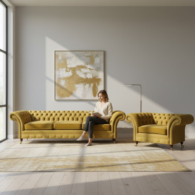 Set soggiorno divano a tre posti 3+1 poltrona salotto Chesterfield.