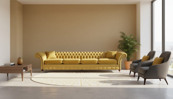 Soggiorno giallo divano quattro posti Chesterfield imbottitura arredo