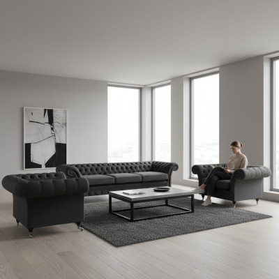 Chesterfield nero, set divani imbottiti, set da salotto 3 pezzi, 3+1+1.