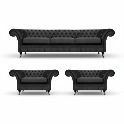 Chesterfield nero, set divani imbottiti, set da salotto 3 pezzi, 3+1+1.