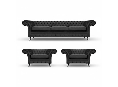 Chesterfield nero, set divani imbottiti, set da salotto 3 pezzi, 3+1+1.
